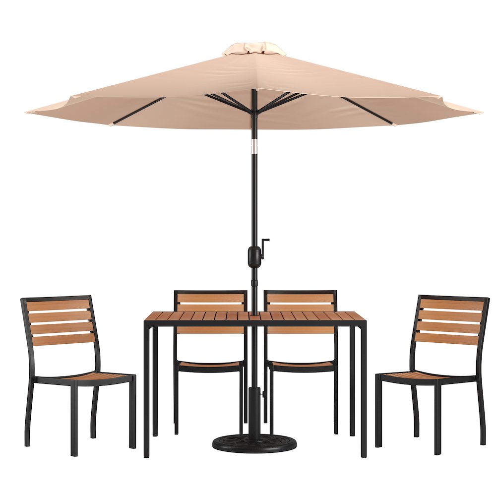 7 Piece Patio Set - 4 Stacking Chairs, 30" x 48" Table, Tan Umbrella, Base