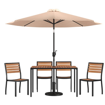 7 Piece Patio Set - 4 Stacking Chairs, 30" x 48" Table, Tan Umbrella, Base