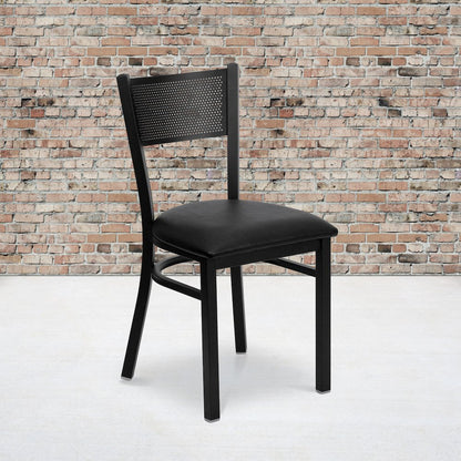 Black Grid Back Metal Restaurant Chair - Black Vinyl Seat