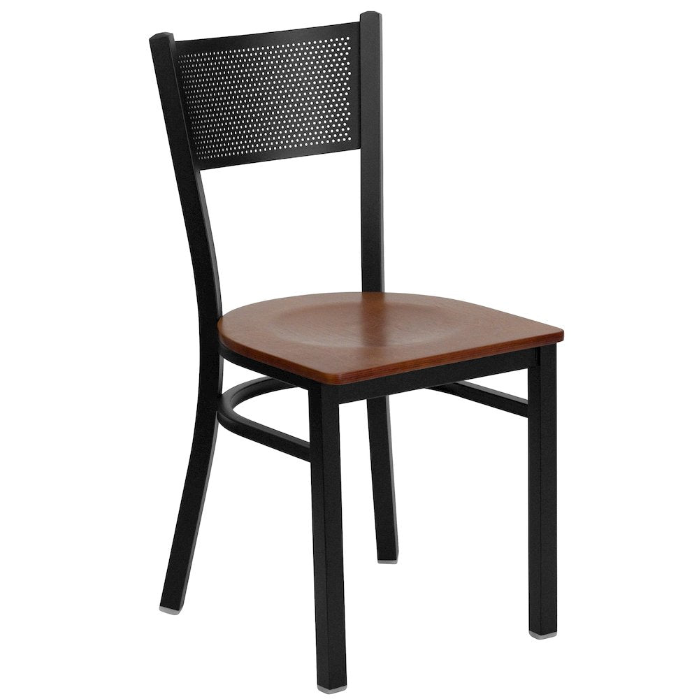 Black Grid Back Metal Restaurant Chair - Cherry Wood Seat