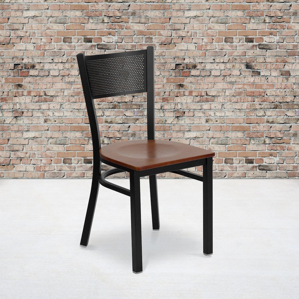 Black Grid Back Metal Restaurant Chair - Cherry Wood Seat