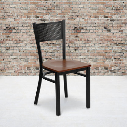 Black Grid Back Metal Restaurant Chair - Cherry Wood Seat