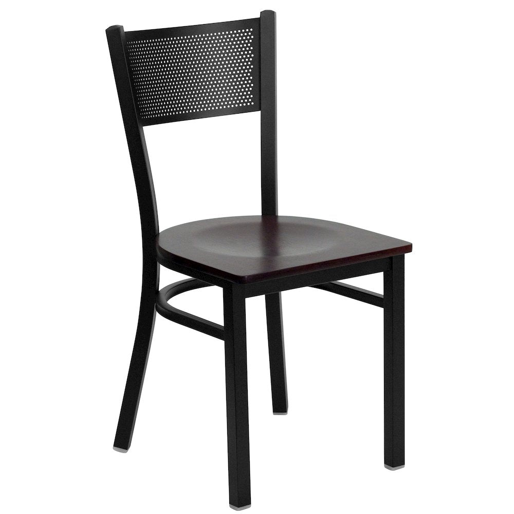 Black Grid Back Metal Restaurant Chair - Mahogany Wood Seat