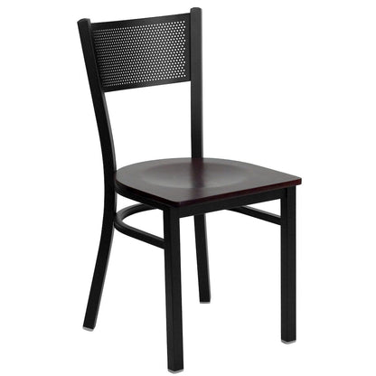 Black Grid Back Metal Restaurant Chair - Mahogany Wood Seat