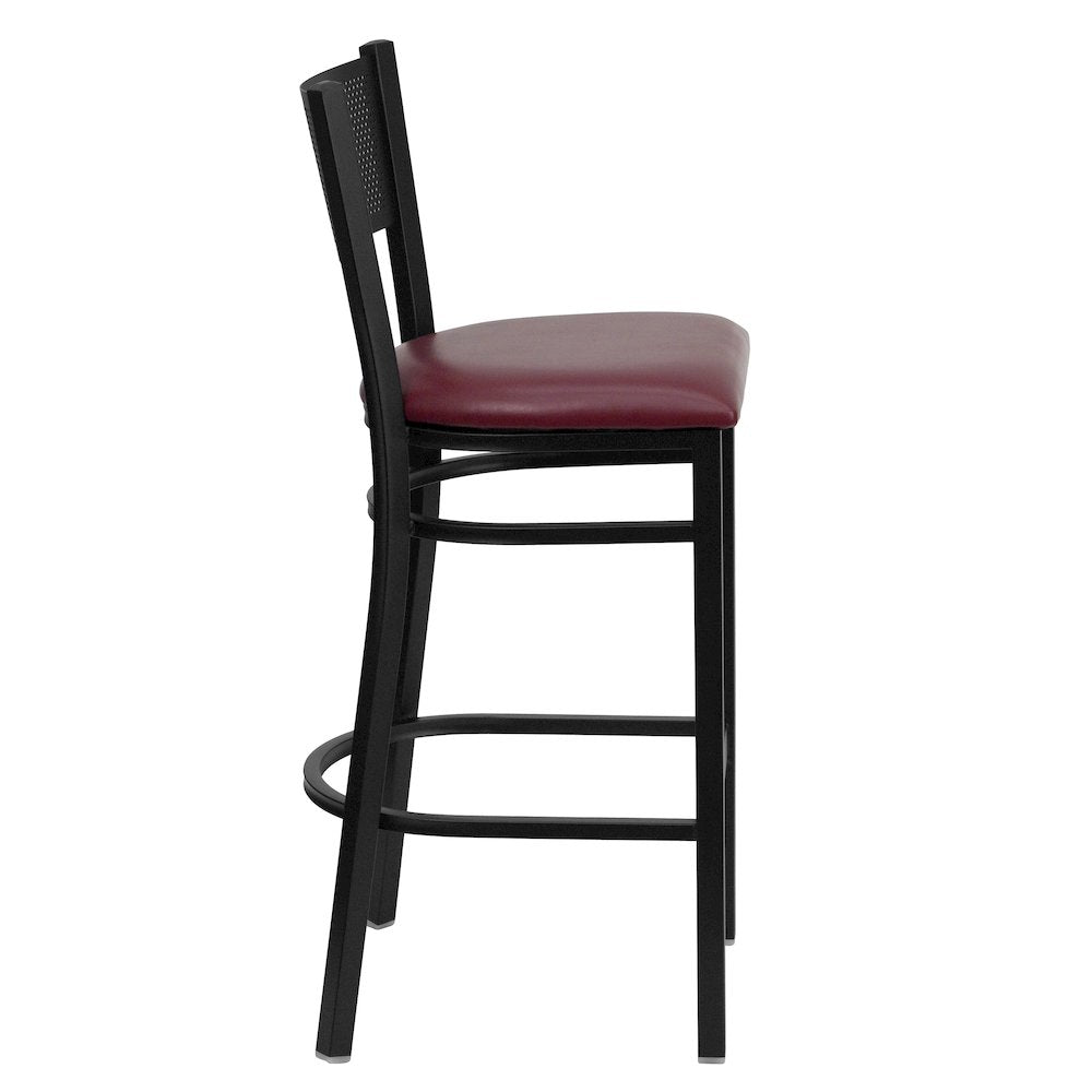 Black Grid Back Metal Restaurant Barstool - Burgundy Vinyl Seat