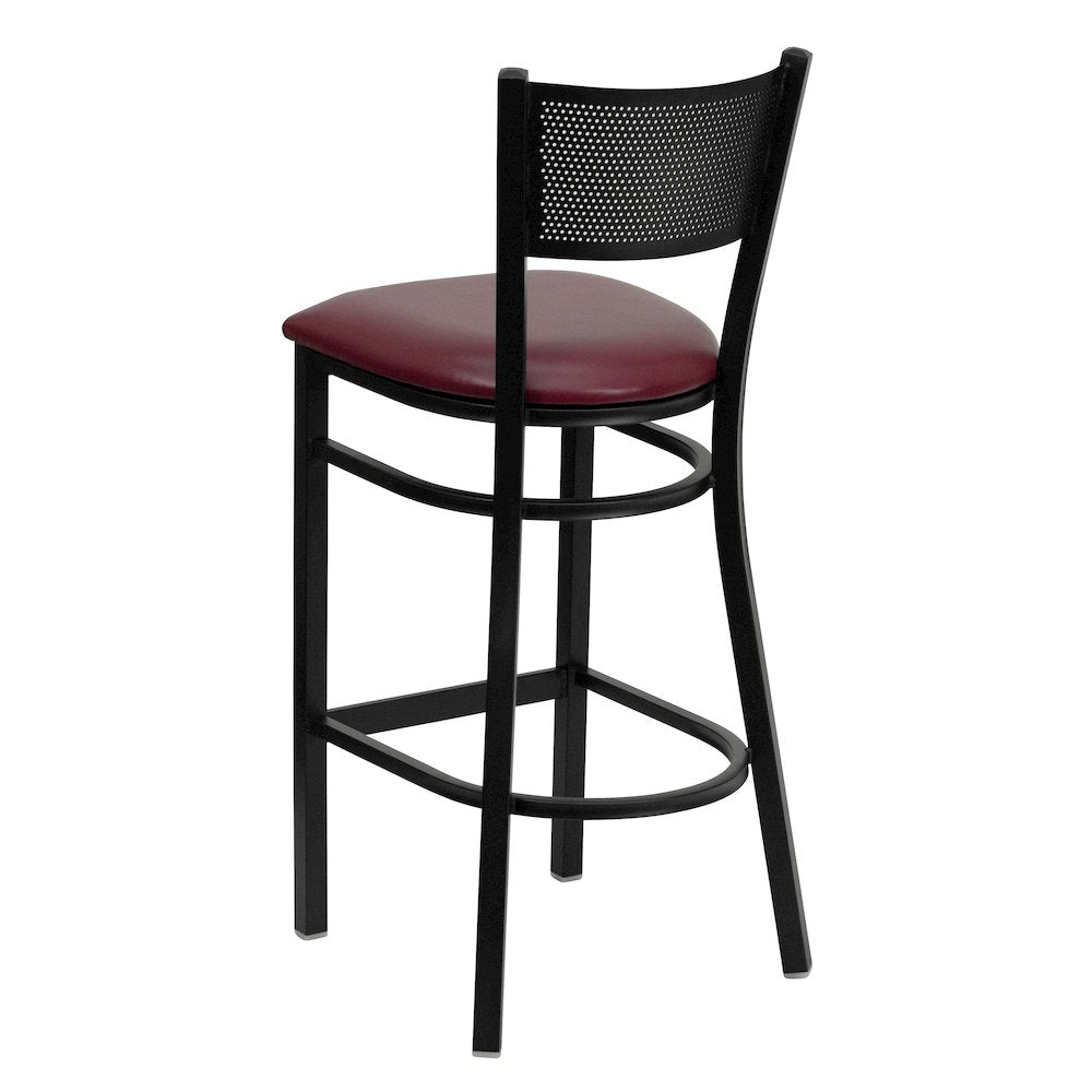 Black Grid Back Metal Restaurant Barstool - Burgundy Vinyl Seat