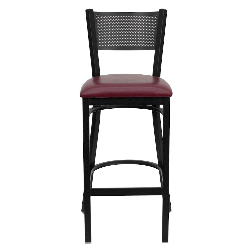 Black Grid Back Metal Restaurant Barstool - Burgundy Vinyl Seat