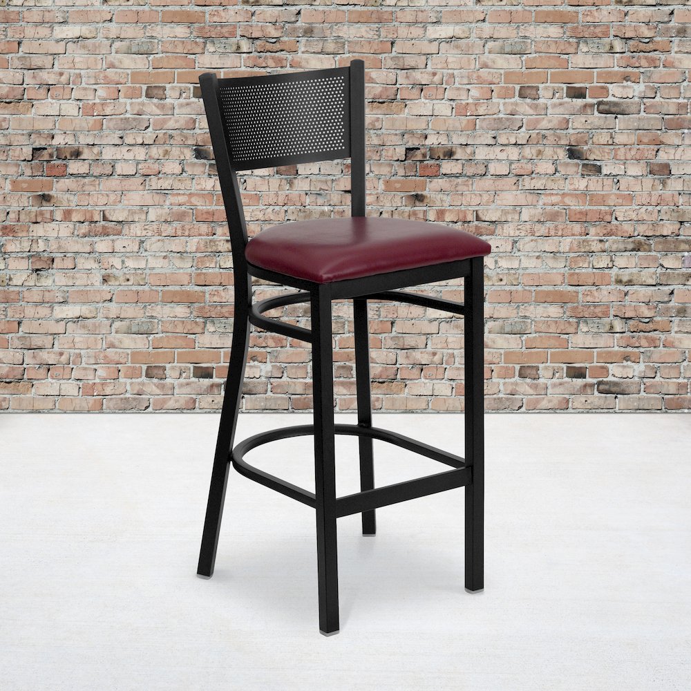 Black Grid Back Metal Restaurant Barstool - Burgundy Vinyl Seat