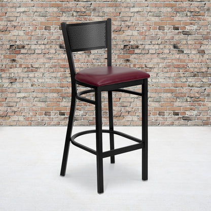 Black Grid Back Metal Restaurant Barstool - Burgundy Vinyl Seat