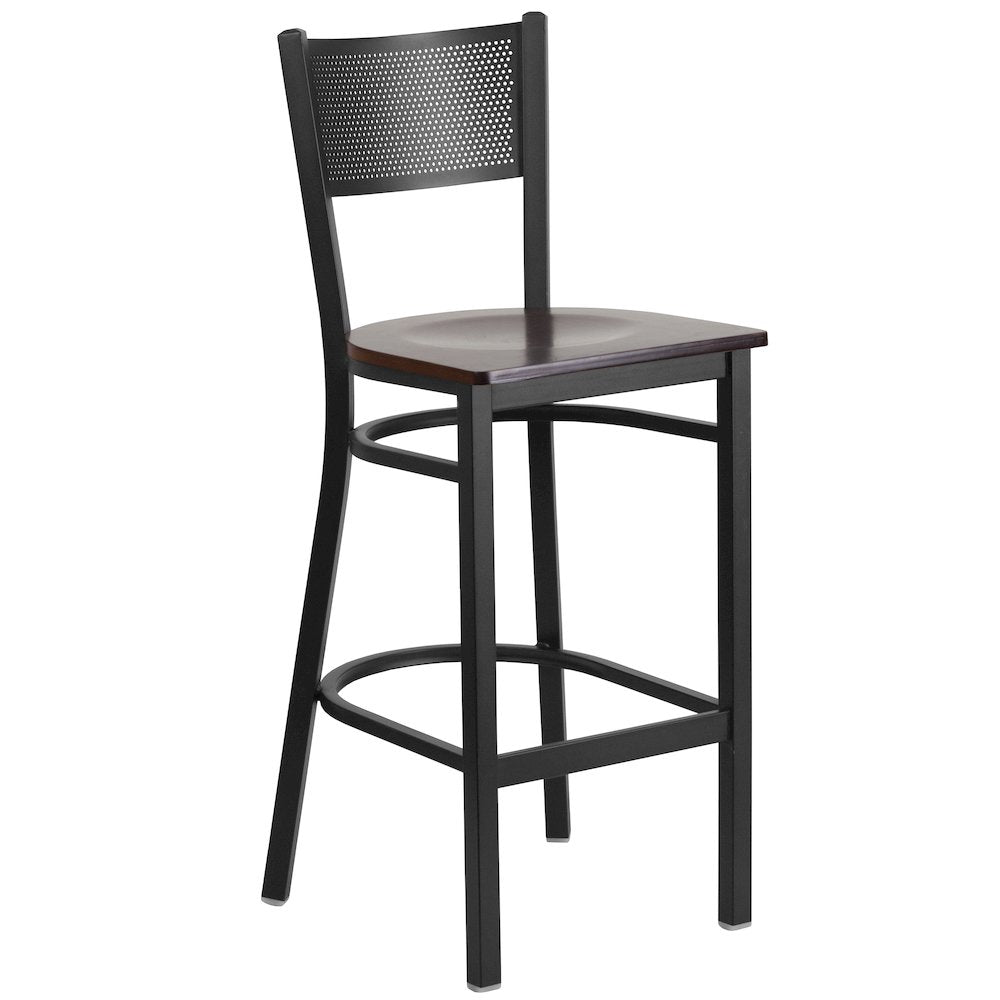 Black Grid Back Metal Restaurant Barstool - Walnut Wood Seat