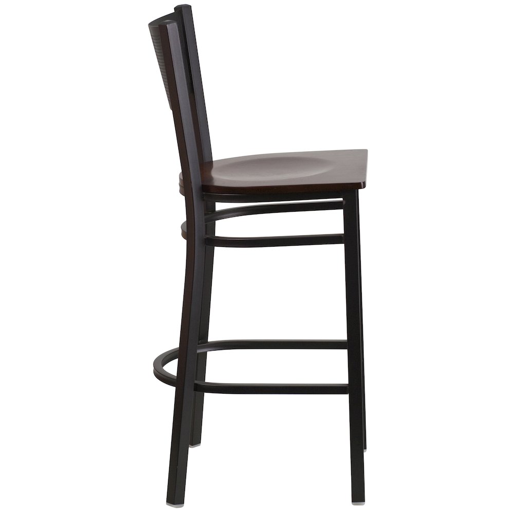 Black Grid Back Metal Restaurant Barstool - Walnut Wood Seat
