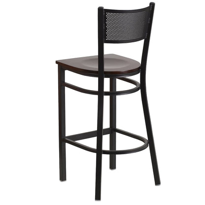 Black Grid Back Metal Restaurant Barstool - Walnut Wood Seat