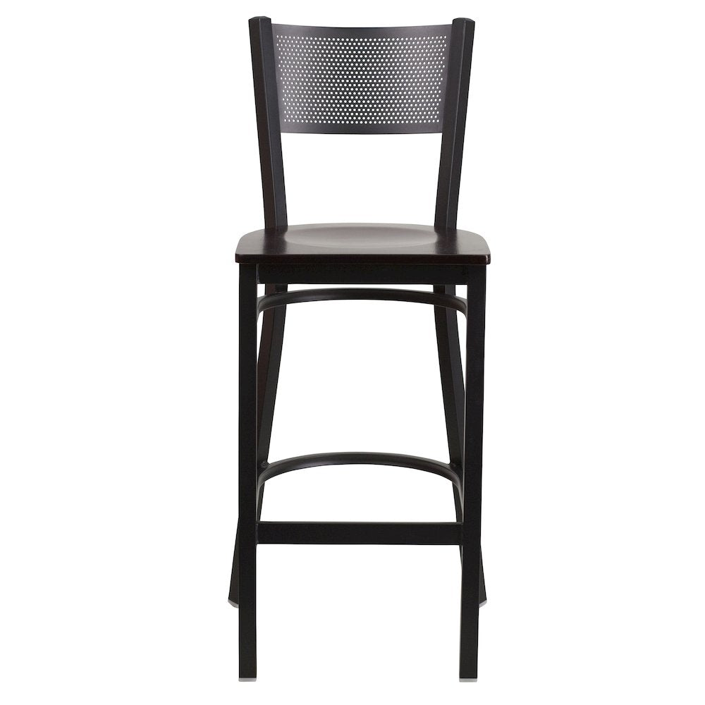 Black Grid Back Metal Restaurant Barstool - Walnut Wood Seat