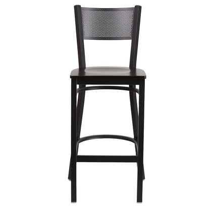 Black Grid Back Metal Restaurant Barstool - Walnut Wood Seat