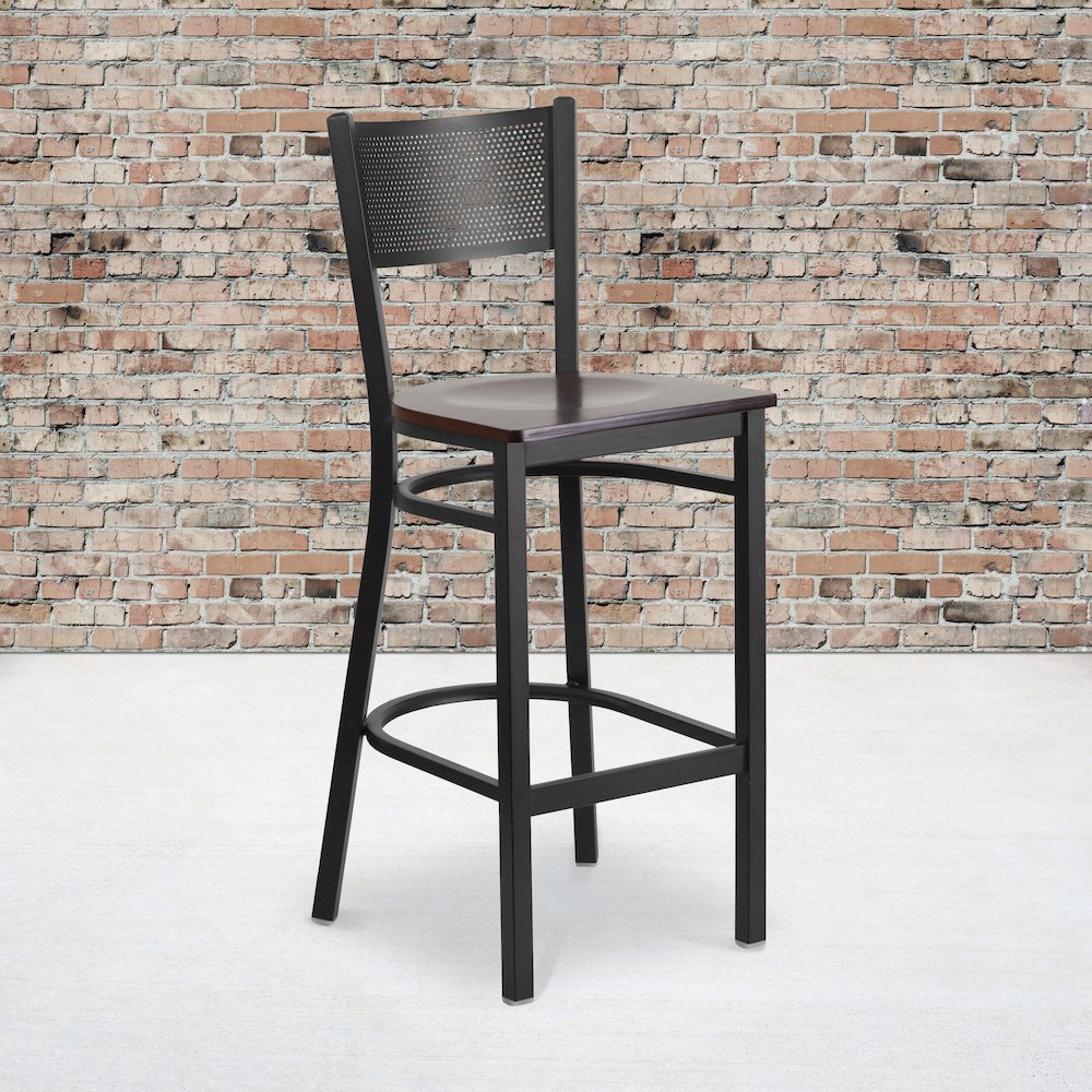 Black Grid Back Metal Restaurant Barstool - Walnut Wood Seat