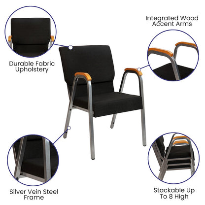21"W Stacking Wood Accent Arm Church Chair in Black Fabric - Silver Vein Frame