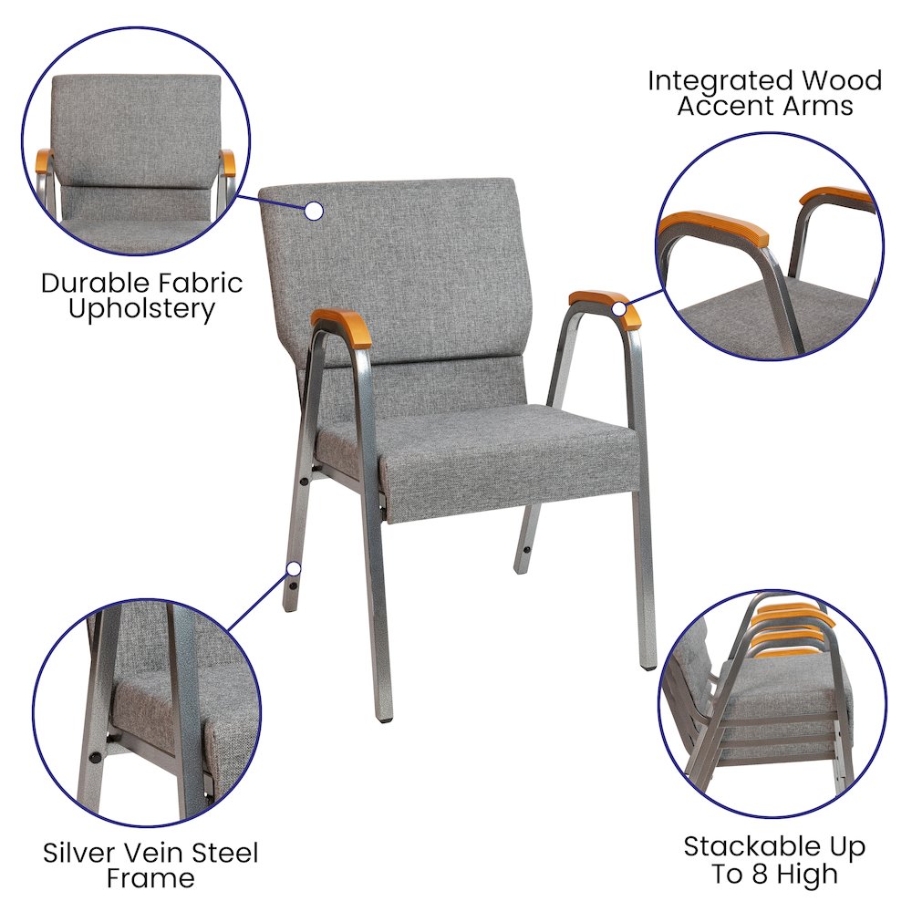 21"W Stacking Wood Accent Arm Church Chair in Gray Fabric - Silver Vein Frame