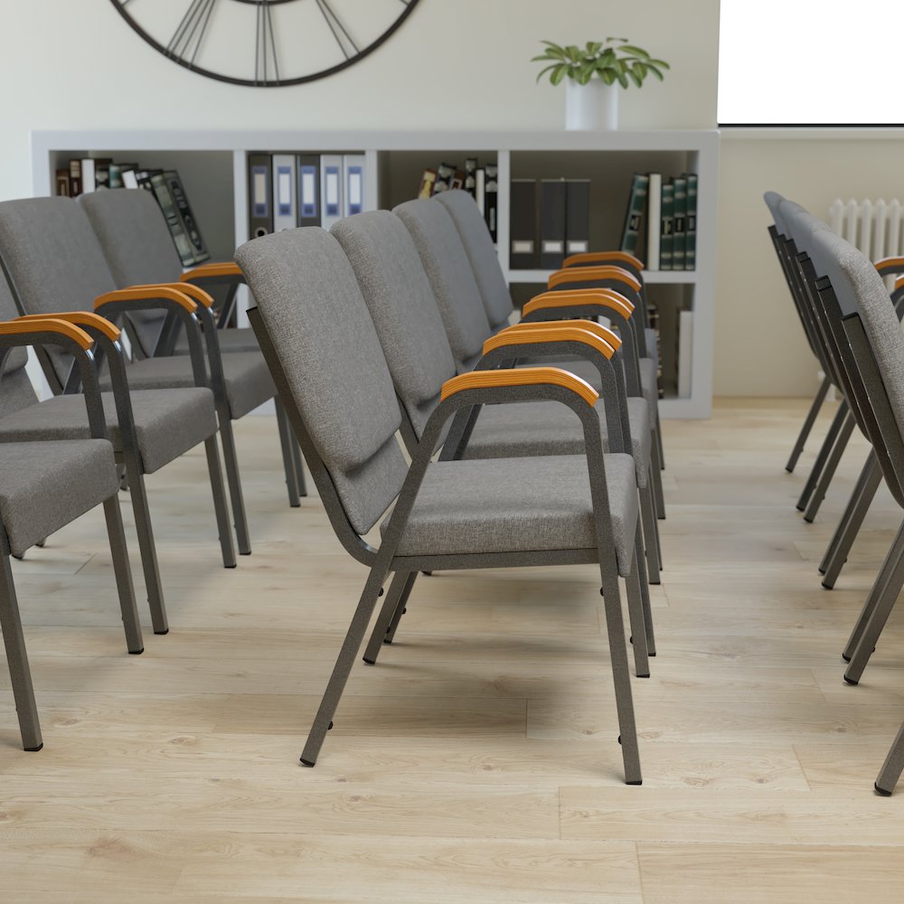 21"W Stacking Wood Accent Arm Church Chair in Gray Fabric - Silver Vein Frame
