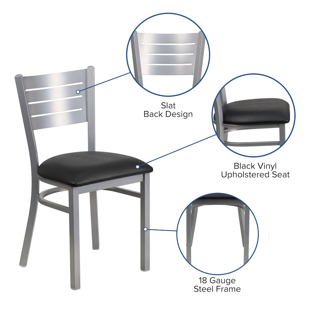 Silver Slat Back Metal Restaurant Chair - Black Vinyl Seat