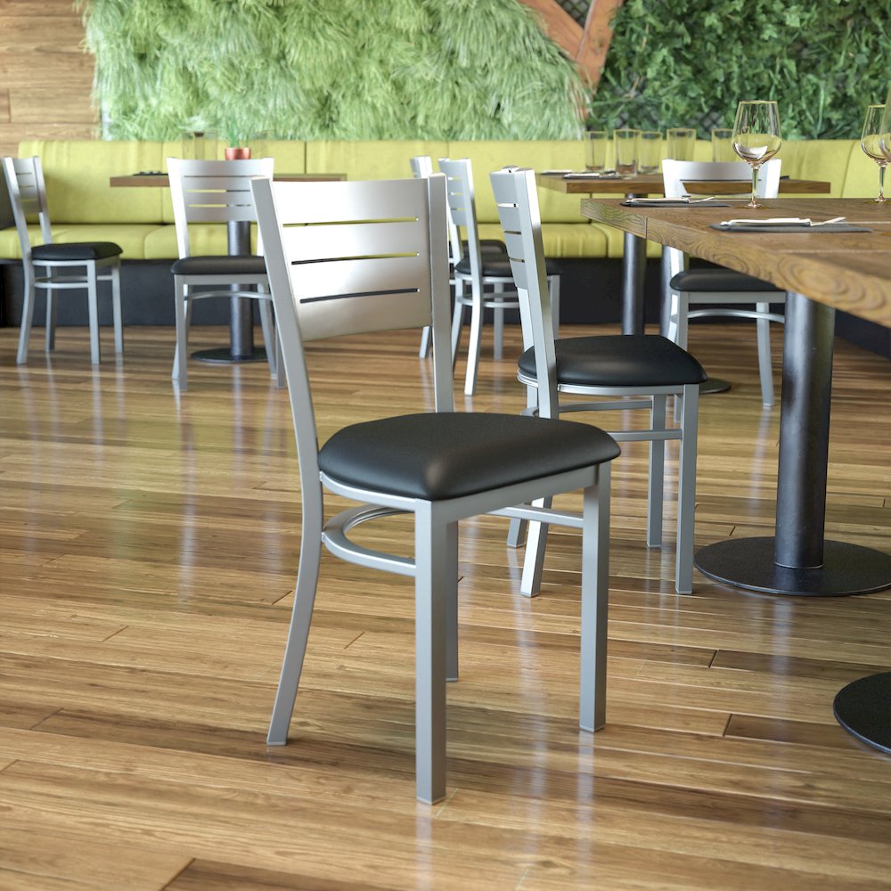 Silver Slat Back Metal Restaurant Chair - Black Vinyl Seat