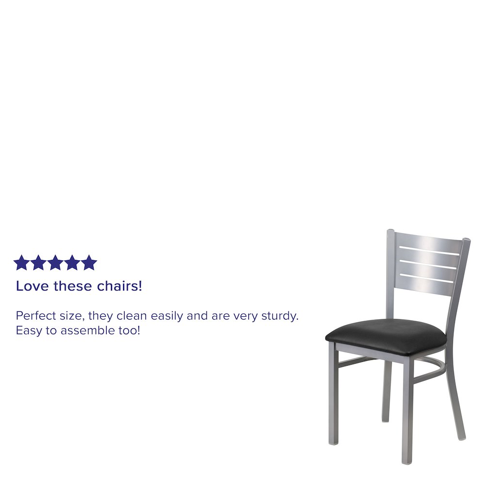 Silver Slat Back Metal Restaurant Chair - Black Vinyl Seat