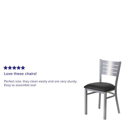 Silver Slat Back Metal Restaurant Chair - Black Vinyl Seat