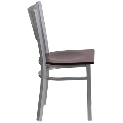 Silver Slat Back Metal Restaurant Chair - Mahogany Wood Seat