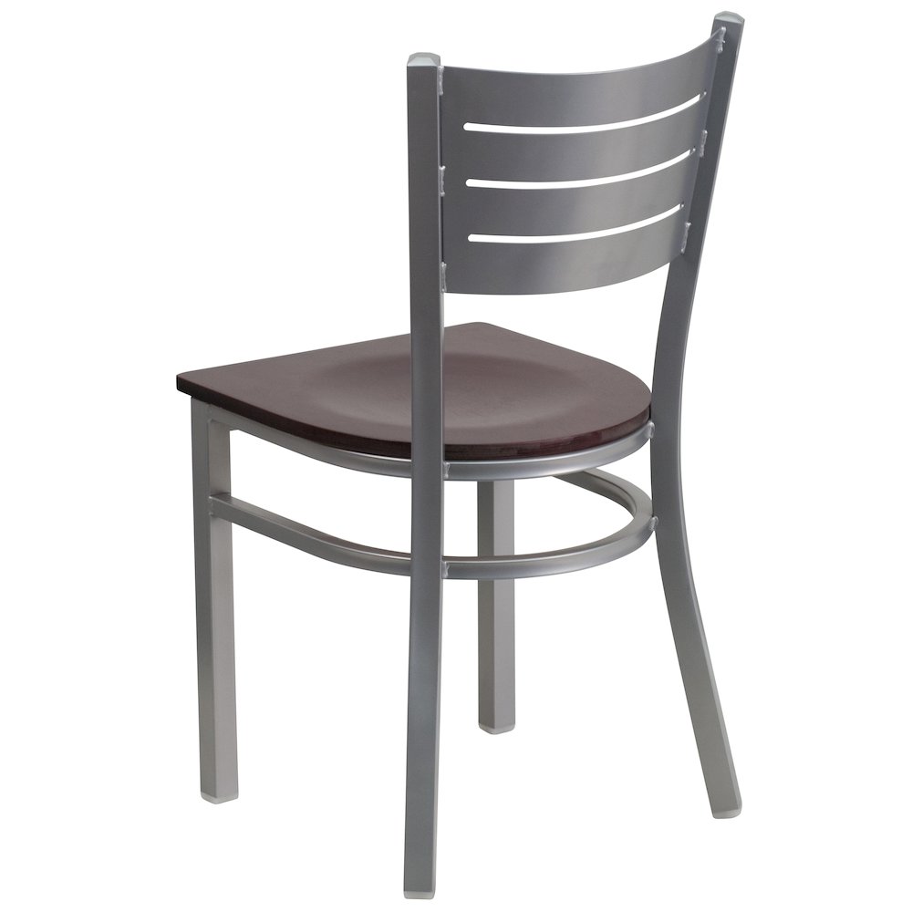 Silver Slat Back Metal Restaurant Chair - Mahogany Wood Seat