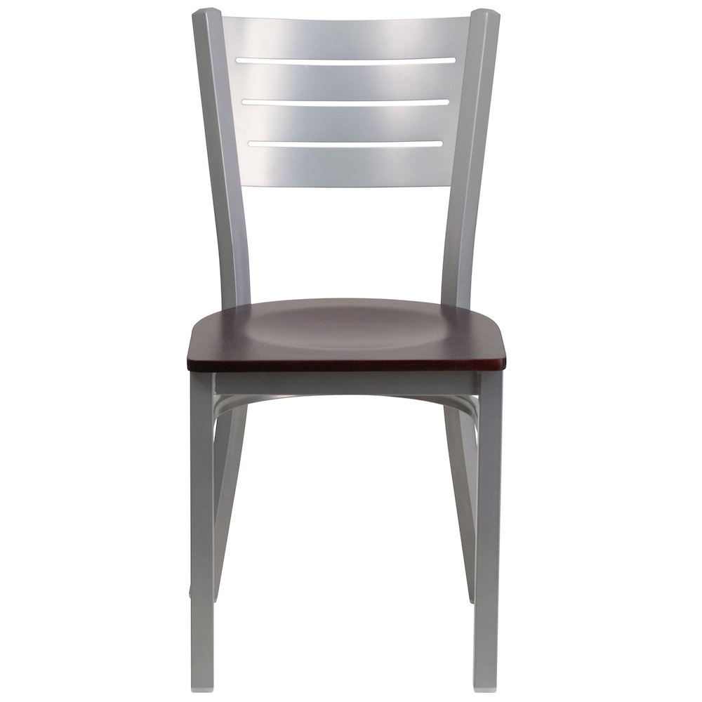 Silver Slat Back Metal Restaurant Chair - Mahogany Wood Seat