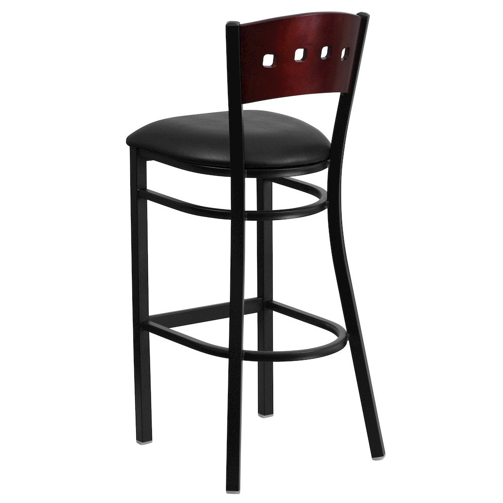 Black 4 Back Metal Restaurant Barstool - Mahogany Wood Back, Black Vinyl Seat