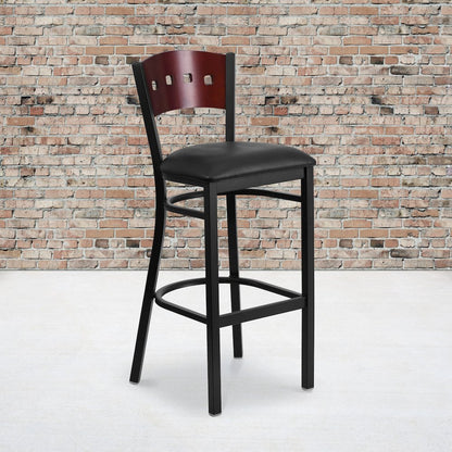 Black 4 Back Metal Restaurant Barstool - Mahogany Wood Back, Black Vinyl Seat