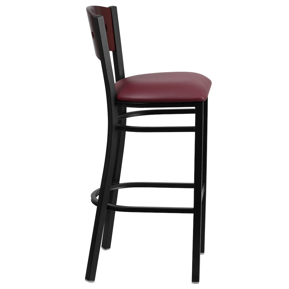 Black 4 Back Metal Restaurant Barstool - Mahogany Wood Back, Burgundy Vinyl Seat