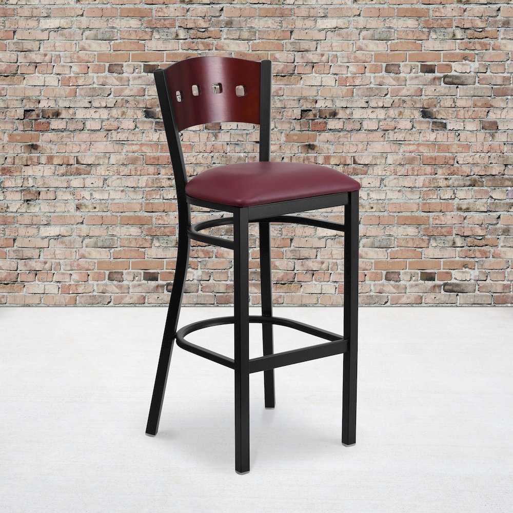 Black 4 Back Metal Restaurant Barstool - Mahogany Wood Back, Burgundy Vinyl Seat