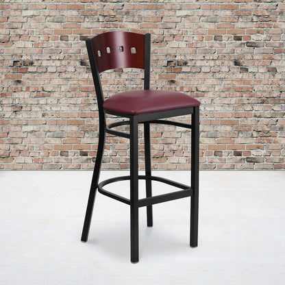 Black 4 Back Metal Restaurant Barstool - Mahogany Wood Back, Burgundy Vinyl Seat