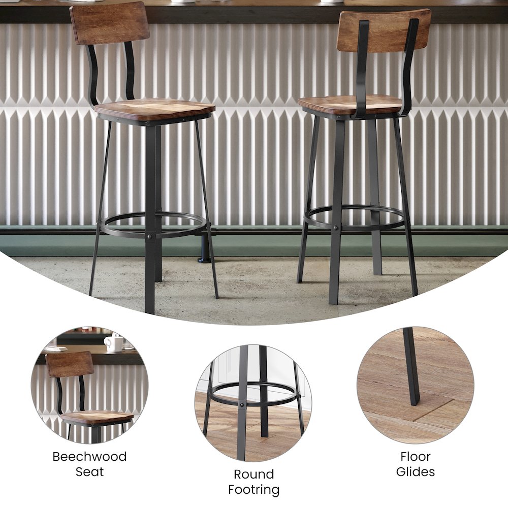 Antique Copper Restaurant Barstool with Wood Seat & Back/Gray Powder Coat Frame