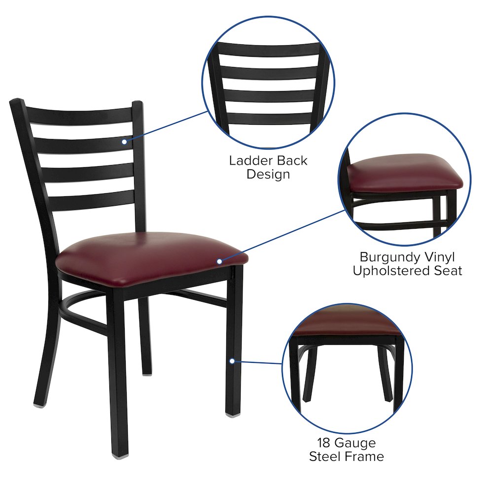 Black Ladder Back Metal Restaurant Chair - Burgundy Vinyl Seat