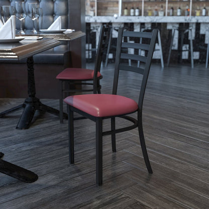 Black Ladder Back Metal Restaurant Chair - Burgundy Vinyl Seat