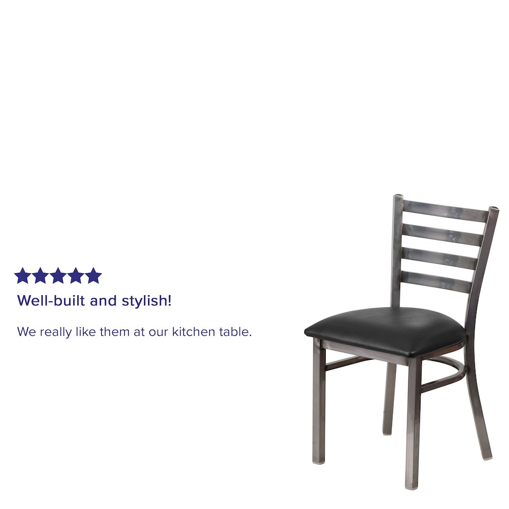 Clear Coated Ladder Back Metal Restaurant Chair - Black Vinyl Seat