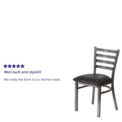 Clear Coated Ladder Back Metal Restaurant Chair - Black Vinyl Seat