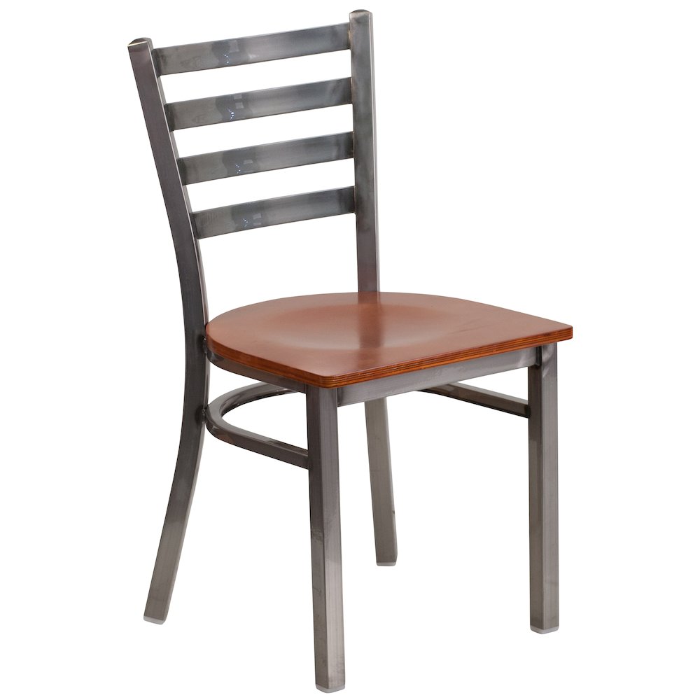 Clear Coated Ladder Back Metal Restaurant Chair - Cherry Wood Seat