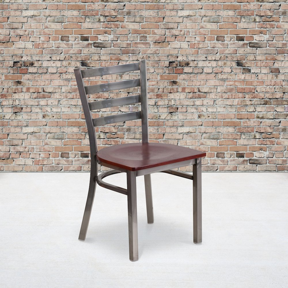 Clear Coated Ladder Back Metal Restaurant Chair - Mahogany Wood Seat