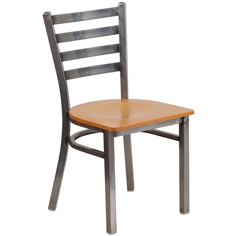 Clear Coated Ladder Back Metal Restaurant Chair - Natural Wood Seat