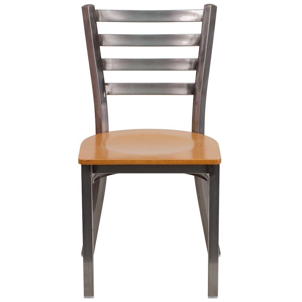 Clear Coated Ladder Back Metal Restaurant Chair - Natural Wood Seat