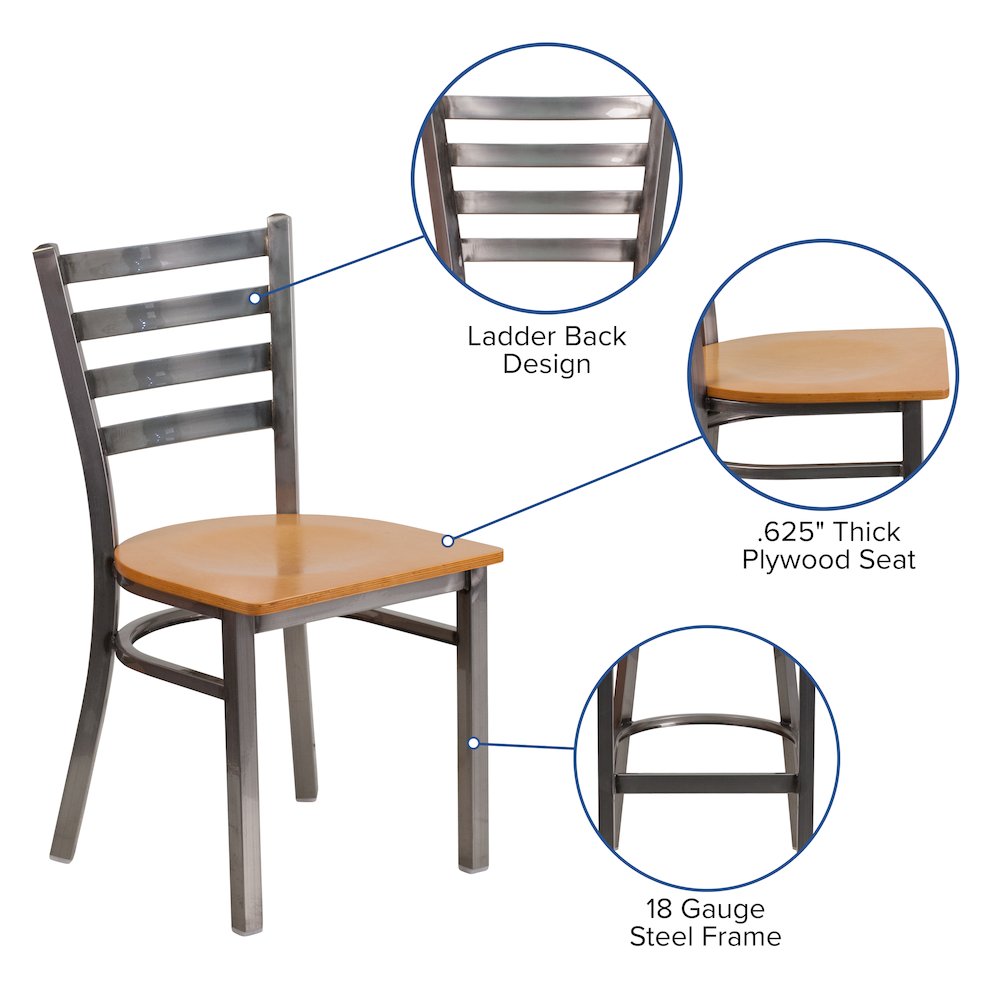 Clear Coated Ladder Back Metal Restaurant Chair - Natural Wood Seat