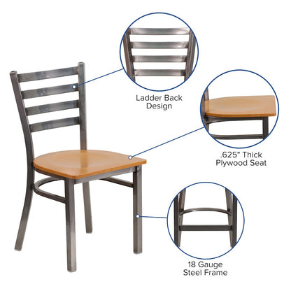 Clear Coated Ladder Back Metal Restaurant Chair - Natural Wood Seat