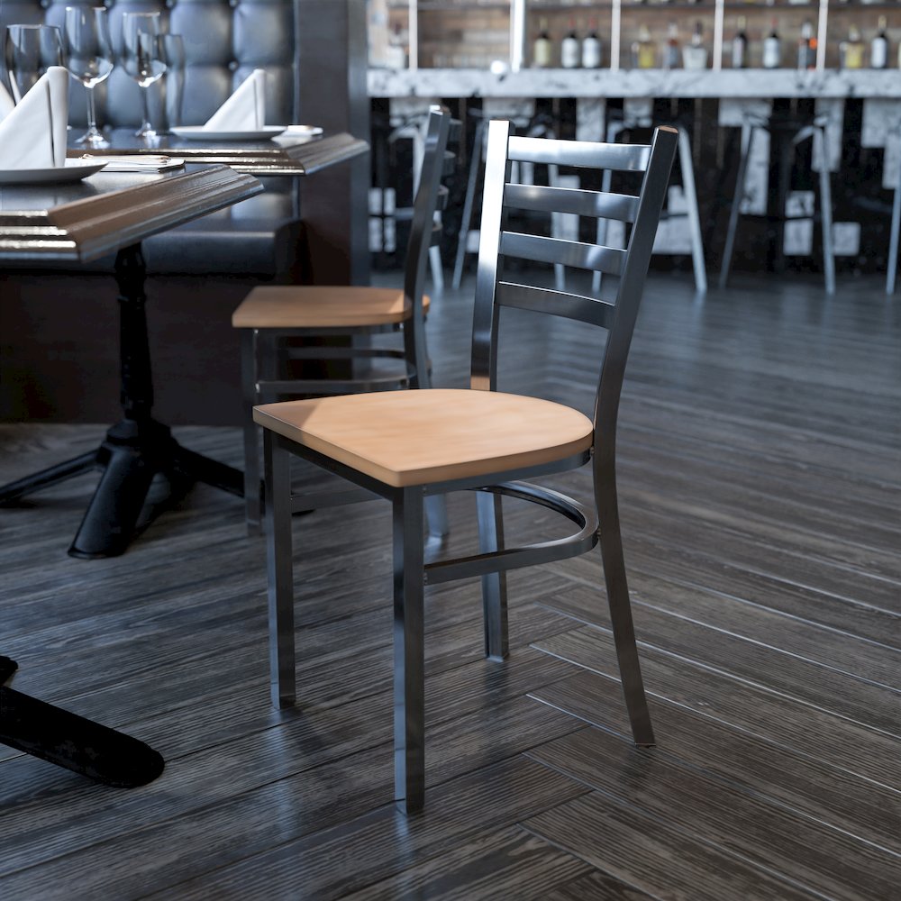 Clear Coated Ladder Back Metal Restaurant Chair - Natural Wood Seat