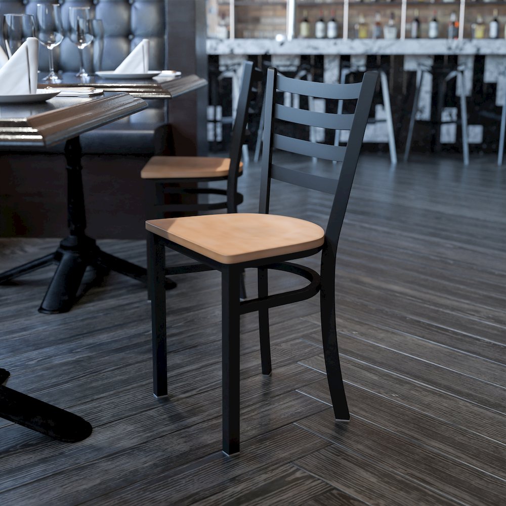 Black Ladder Back Metal Restaurant Chair - Natural Wood Seat