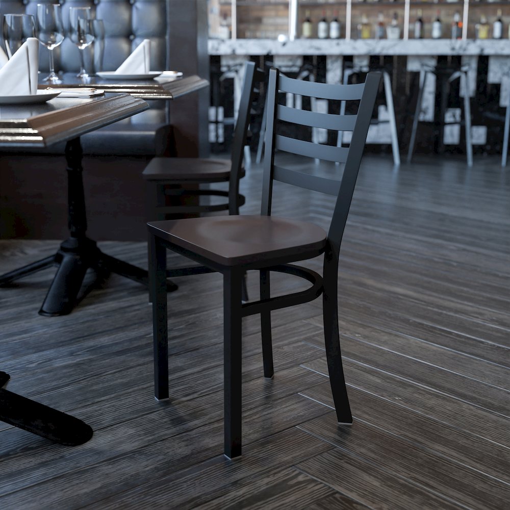Black Ladder Back Metal Restaurant Chair - Walnut Wood Seat