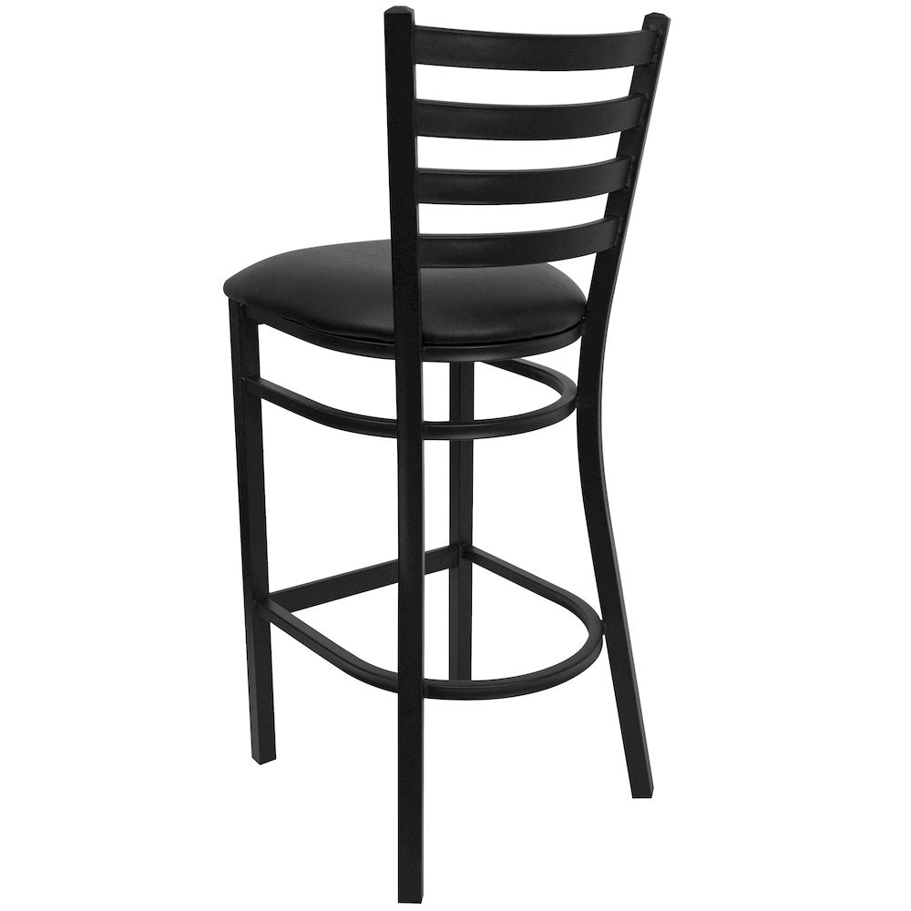 Black Ladder Back Metal Restaurant Barstool - Black Vinyl Seat