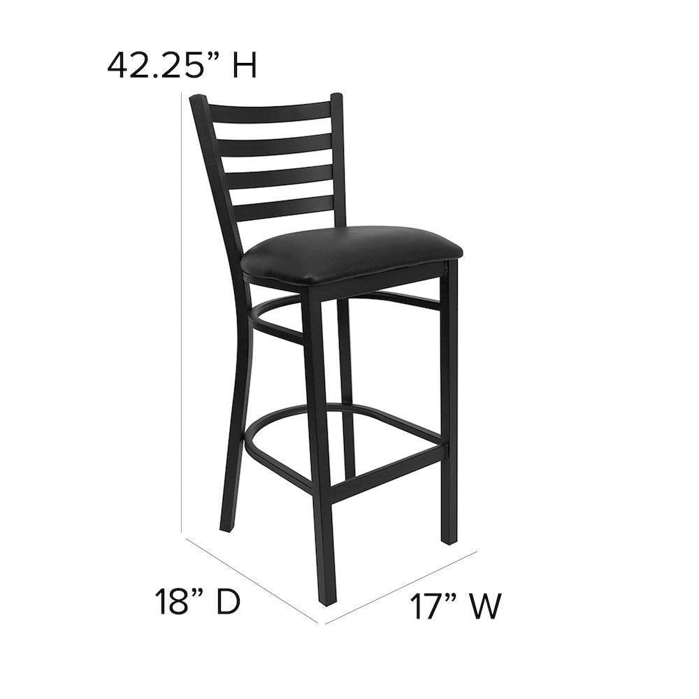 Black Ladder Back Metal Restaurant Barstool - Black Vinyl Seat